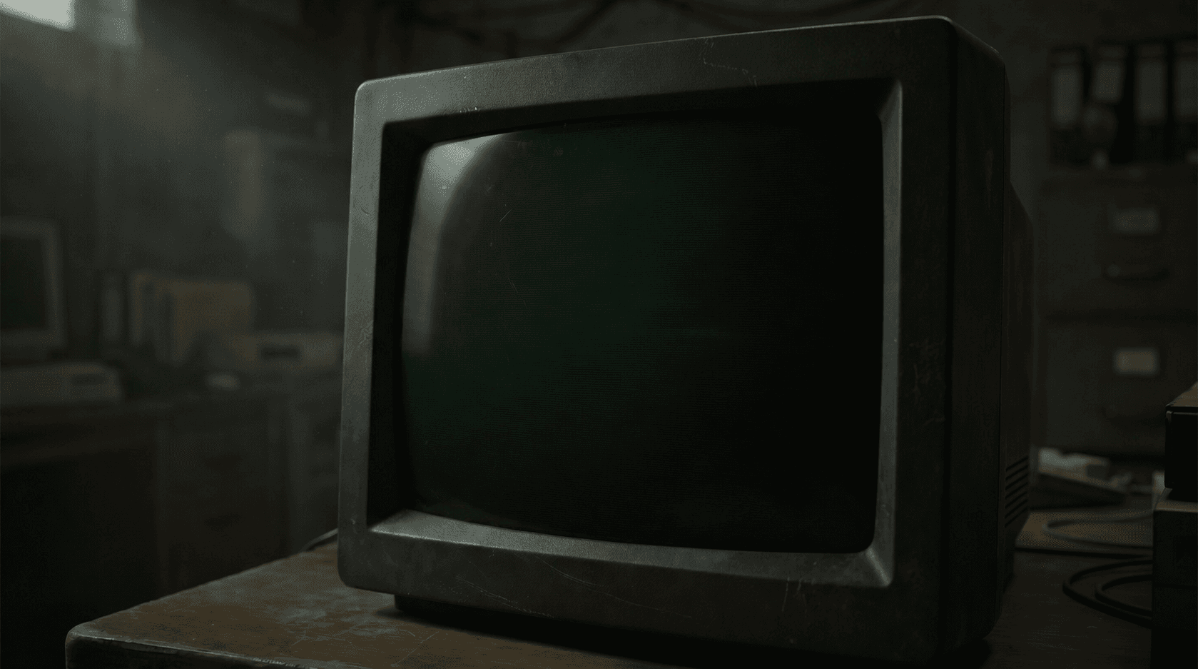 Alter CRT-Monitor mit grün leuchtendem Bildschirm in einem schwach beleuchteten Raum